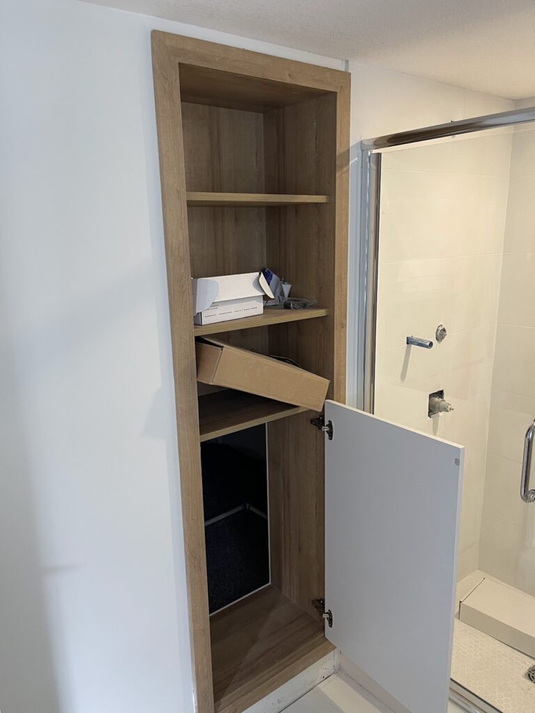 Built-in cabinetry and compact workspace designed for a Calgary home